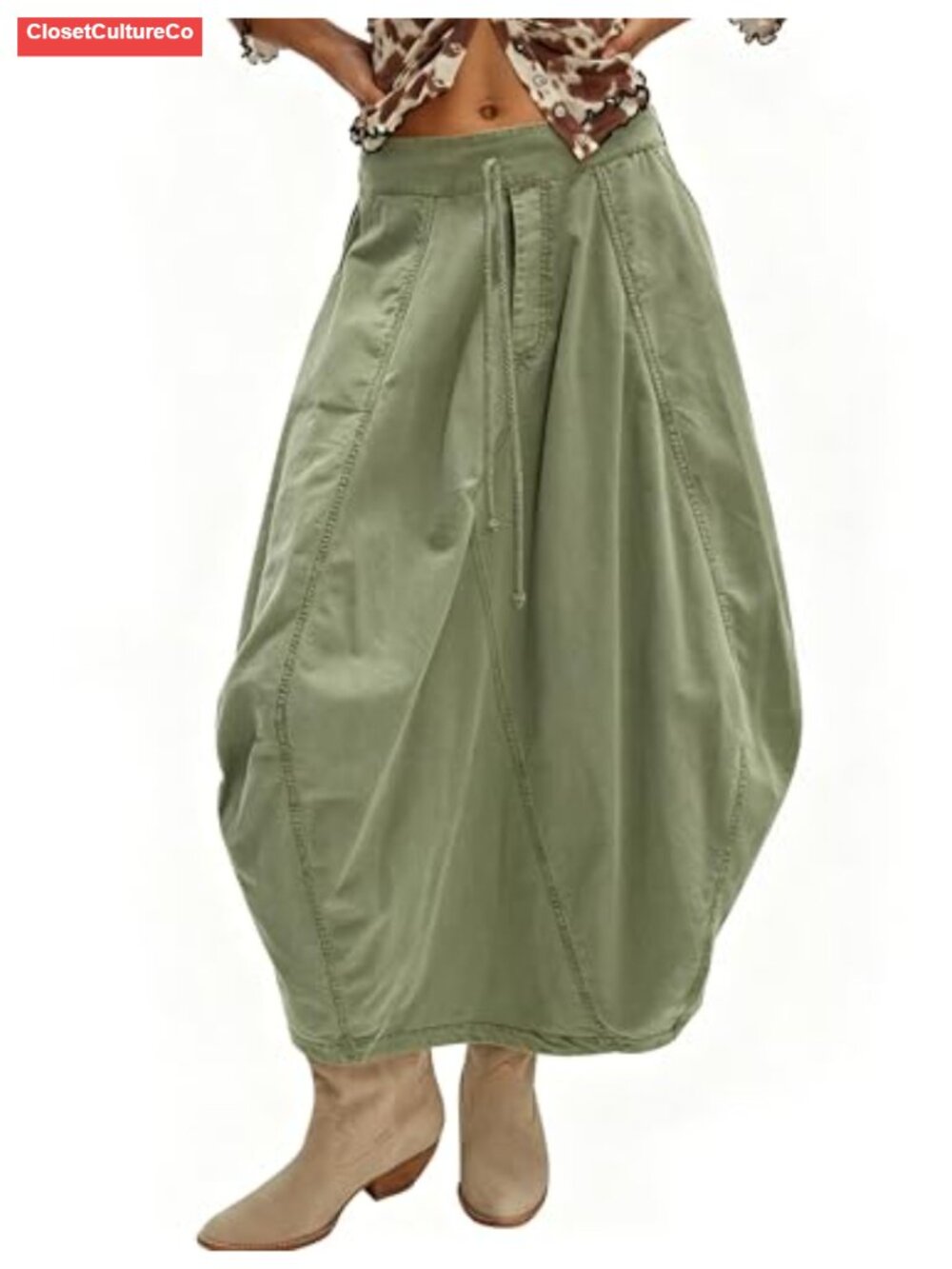 Women's Cargo Maxi Skirt Cotton Parachute Bubble Utility Pockets